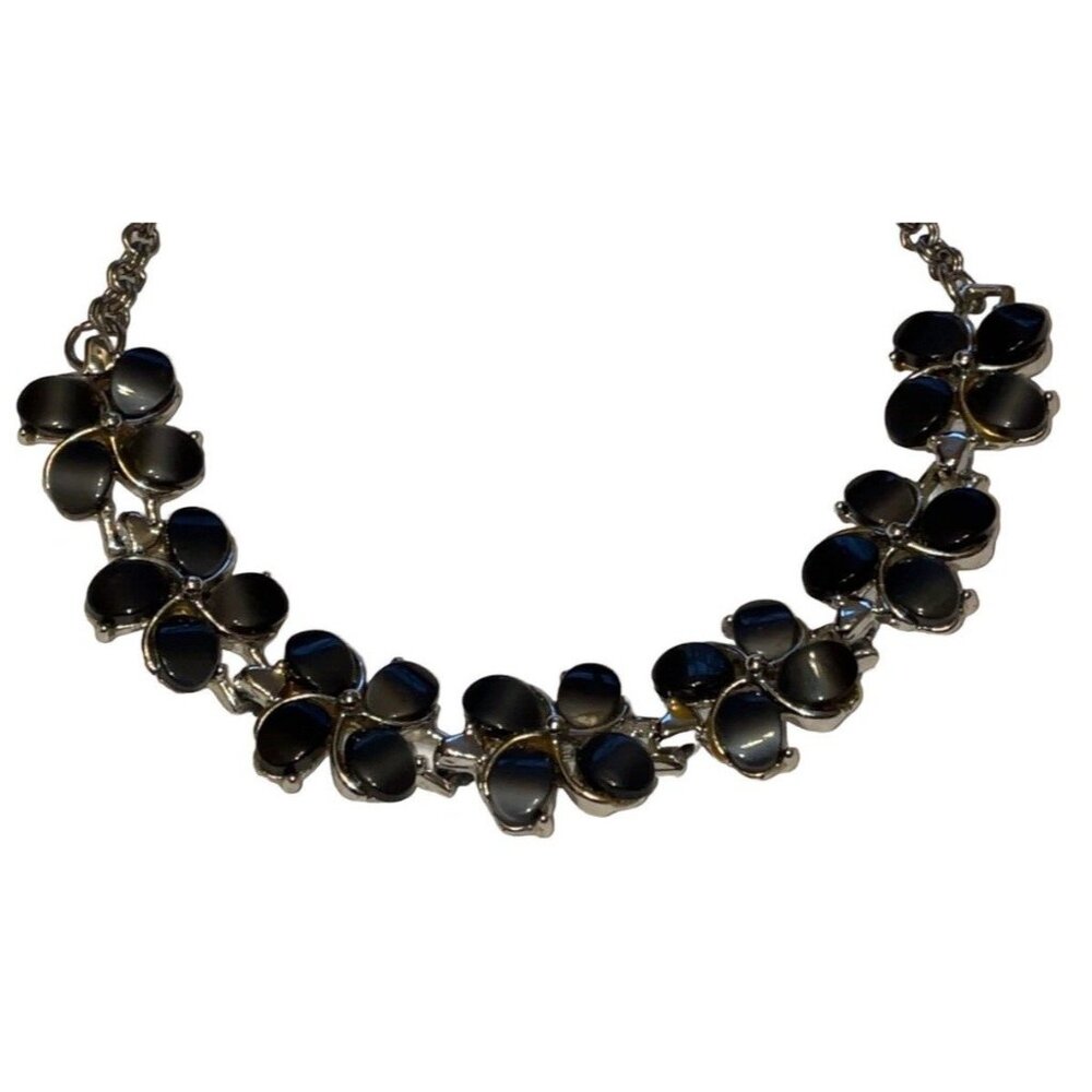 Silver Black Charcoal Gray Stone Beads Floral Flower Choker Necklace